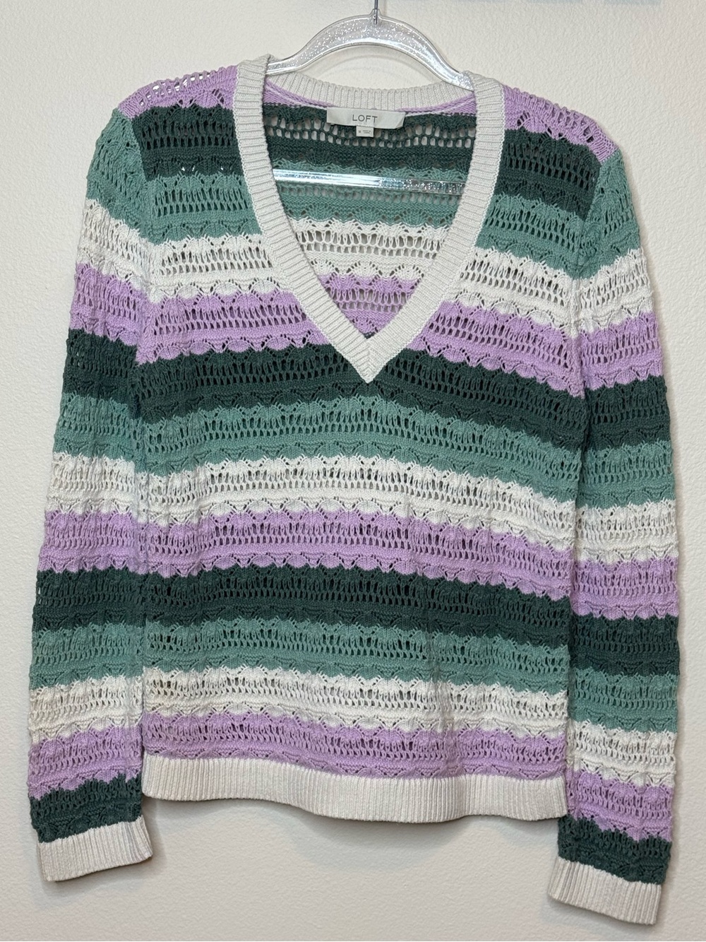 LOFT Striped Open-Knit V-Neck Sweater in Lavender, Green & White size Medium